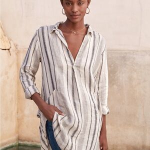 CP Shades Teton 100% Linen Striped Tunic Top Medium Oat Navy Gauze Lightweight